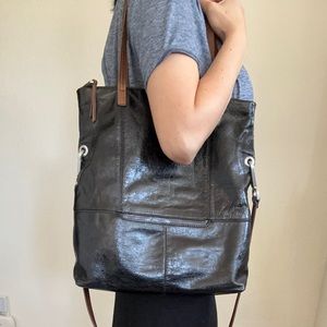 HOBO Leonie Tote Black Distressed Patent Leather Crossbody/Handbag